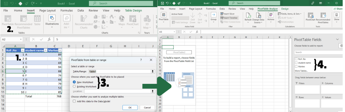 Example of using PivotTable in Excel